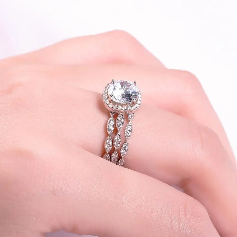 GEM'S BALLET Round 2.0Ct 8mm Art Deco Halo Moissanite Ring 925 Sterling Silver 3 Band Half Eternity Rings Set for Women Jewelry