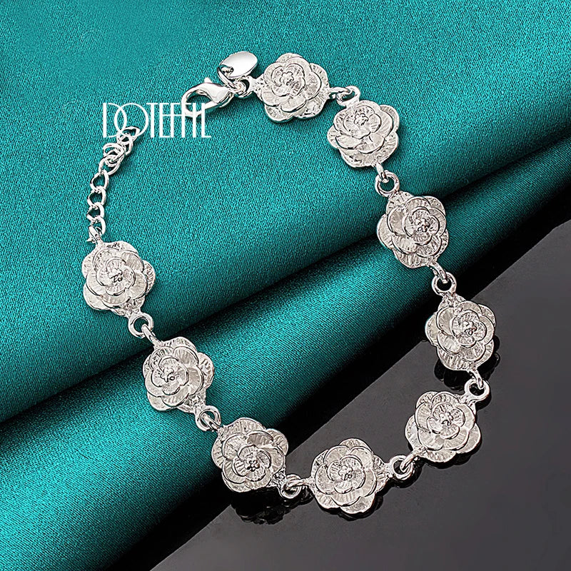 DOTEFFIL 925 Sterling Silver Full Rose Flower Chain Bracelet