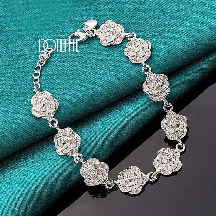 DOTEFFIL 925 Sterling Silver Full Rose Flower Chain Bracelet