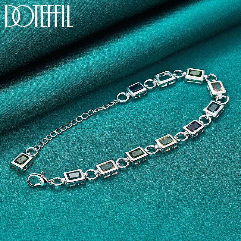 925 Sterling Silver Square inlaid With Multi-color AAA Zircon Bracelet Chain