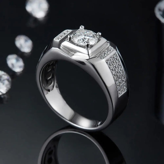 GEM'S BALLET 585 14K 10K 18K Gold 925 Silver Mens Engagement Rings Round 1.0 Ct. 6.5mm Men's Moissanite Diamond Cluster Ring