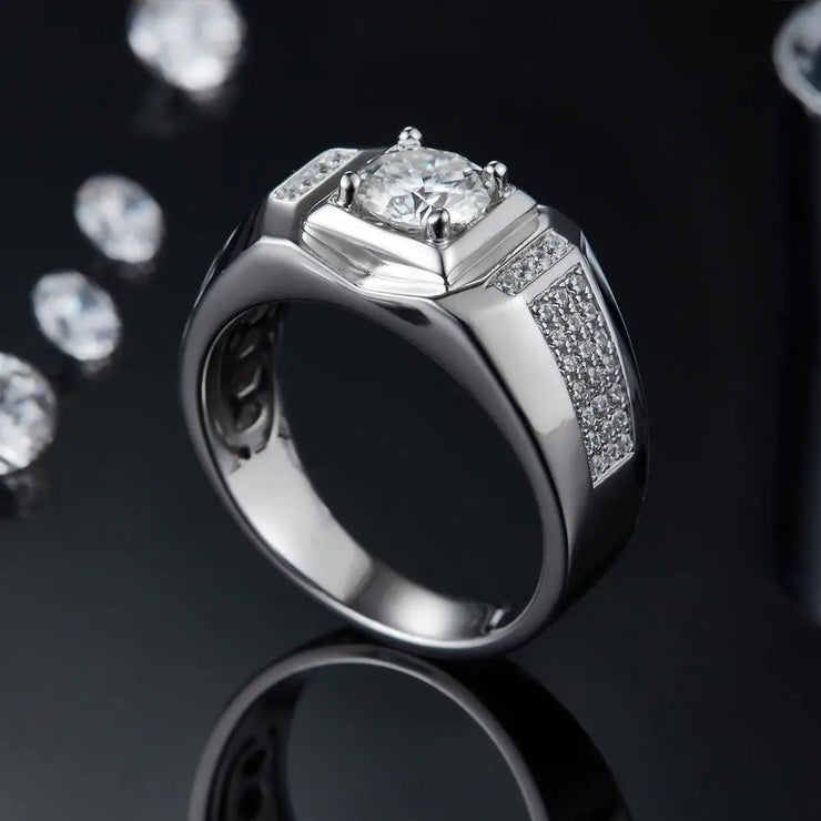 GEM'S BALLET 585 14K 10K 18K Gold 925 Silver Mens Engagement Rings Round 1.0 Ct. 6.5mm Men's Moissanite Diamond Cluster Ring