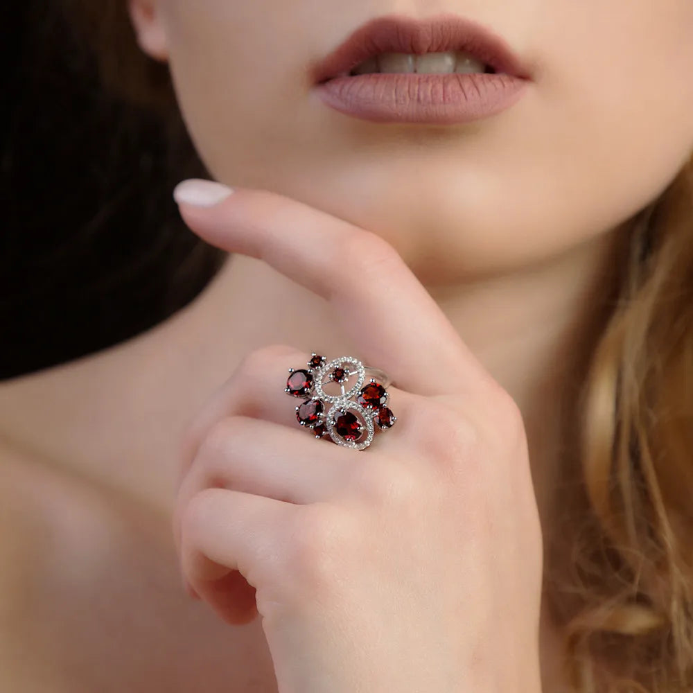 GEM'S BALLET Natural Red Garnet Vintage Flower Jewelry Set 925 Sterling Silver Earrings Ring Sets For Women Gemstone Jewelry