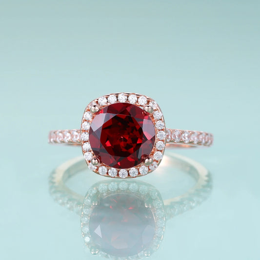 GEM'S BALLET 925 Sterling Silver Dainty Promise Ring February Birthstone 5mm 8mm Round Red Garnet Halo Engagement Rings