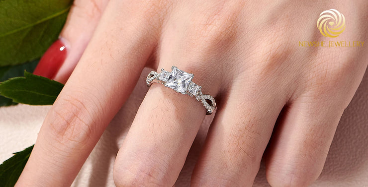 Newshe Genuine 925 Sterling Silver Three Princess Cut AAAAA CZ Infinite Engagement Rings for Women Fine Wedding Jewelry