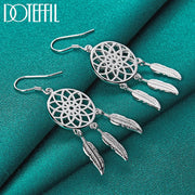 DOTEFFIL 925 Sterling Silver Fine Dream Catcher Feathers Earrings for Woman Fashion Designer Party Wedding Jewelry Gifts