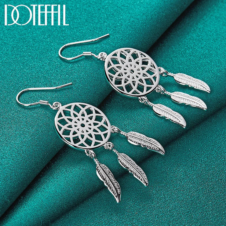DOTEFFIL 925 Sterling Silver Fine Dream Catcher Feathers Earrings for Woman Fashion Designer Party Wedding Jewelry Gifts