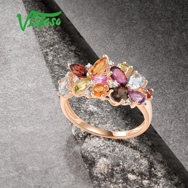 VISTOSO 14K Rose Gold Multicolor Gem & Diamond Ring