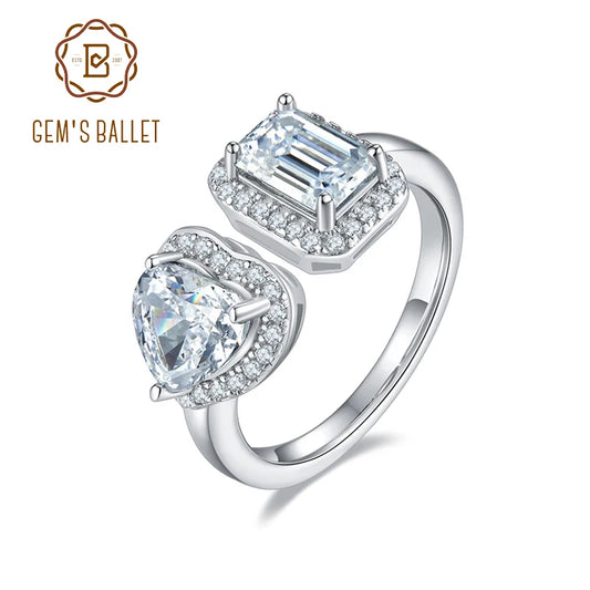 GEM'S BALLET Toi Et Moie Ring Heart High Carbon Diamond Emerald Cut Moissanite Engagement Rings in 925 Sterling Silver