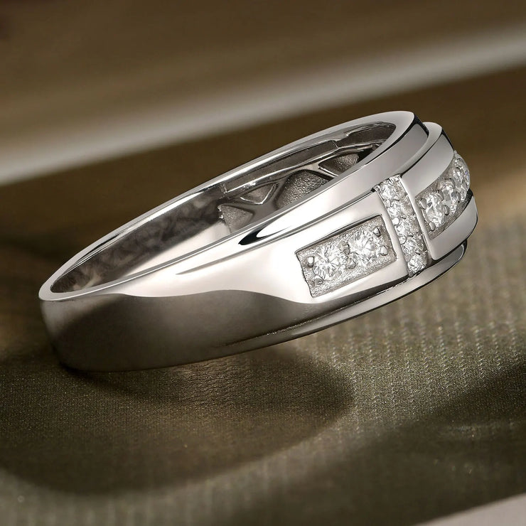 Newshe Elegant Mens Wedding Band 925 Sterling Silver Full Moissanite Rings for Him Half Eternity Round Engagement Ring