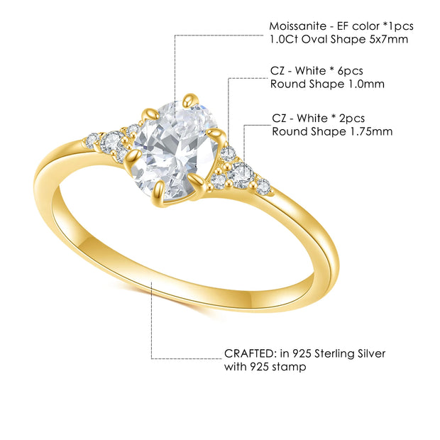 GEM'S BALLET 925 Sterling Silver Women's Moissanite Ring Muse 1.076TCW Round Cut Classic Moissanite Engagement Ring Gift For Her