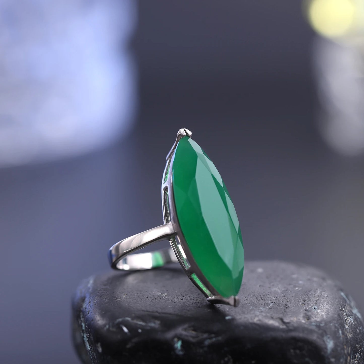 Marquise Shape Natural Green Agate Gemstone Ring 925 Sterling Silver