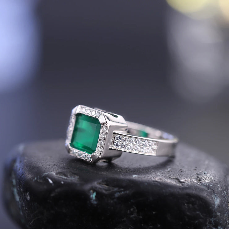 GEM'S BALLET Art Deco Onyx Ring with 2.2Ct Natural Green Agate – Vintage Elegance