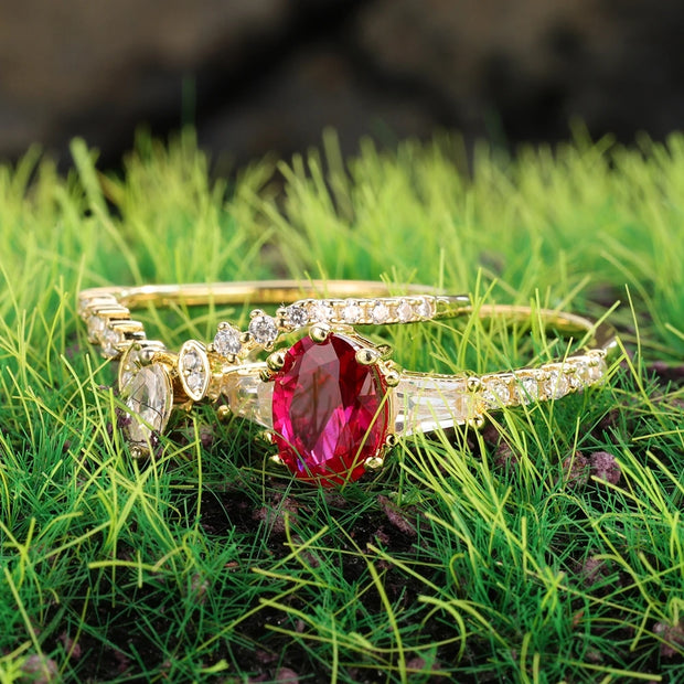 GEM'S BALLET Oval Cut Lab Ruby Wedding Ring – Timeless Elegance