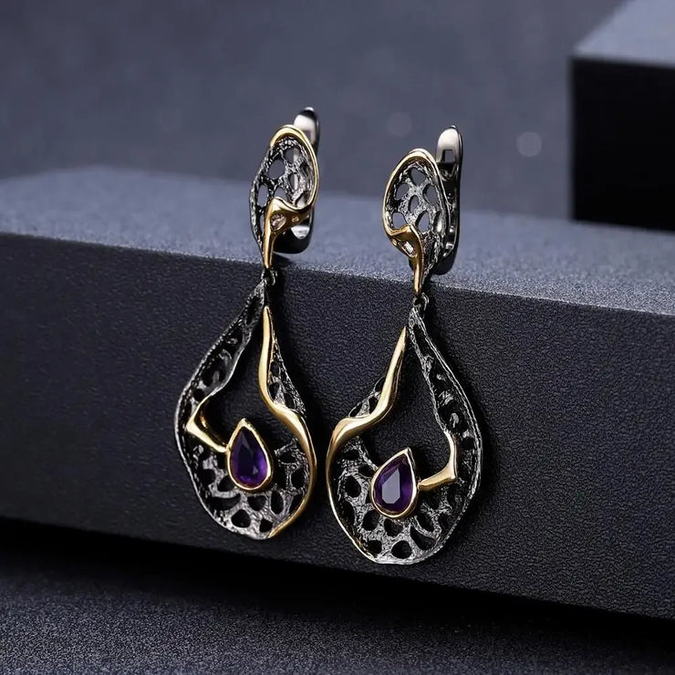 GEM'S BALLET 925 Sterling Silver Gemstones Fine Jewelry 0.76Ct Natural Amethyst Handmade Hollow Element Drop Earrings for Women