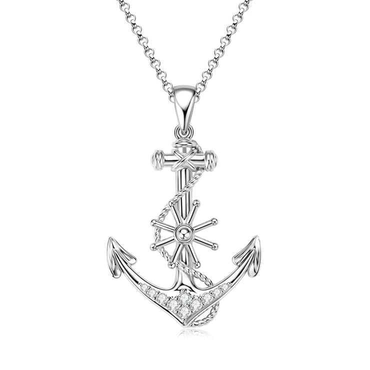 RAPRGOLD Round Moissanite Anchor Pendant Necklace S925 Sterling Silver Fashion Exquisite Necklaces for Men Women Jewelry Gifts