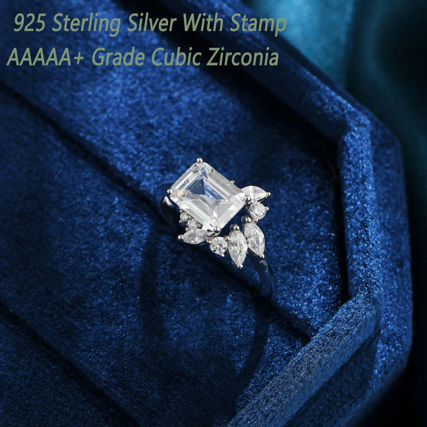 Newshe 925 Sterling Silver East To West Ring Emerald Cut Solitaire Wedding Engagement Rings for Women 5A Cubic Zirconia Jewelry