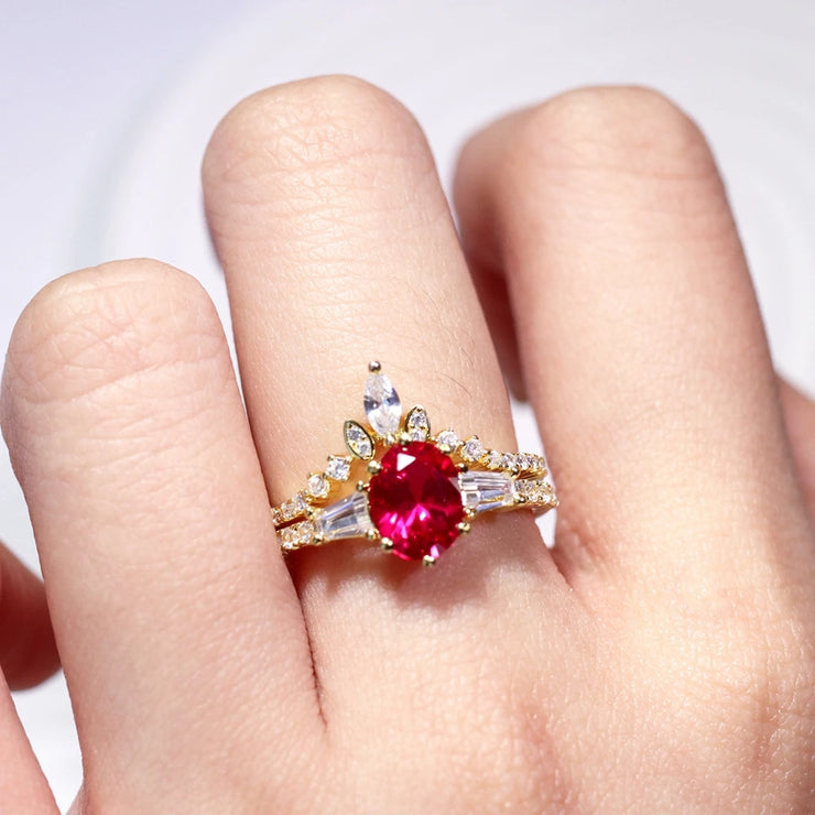GEM'S BALLET Oval Cut Lab Ruby Wedding Ring – Timeless Elegance