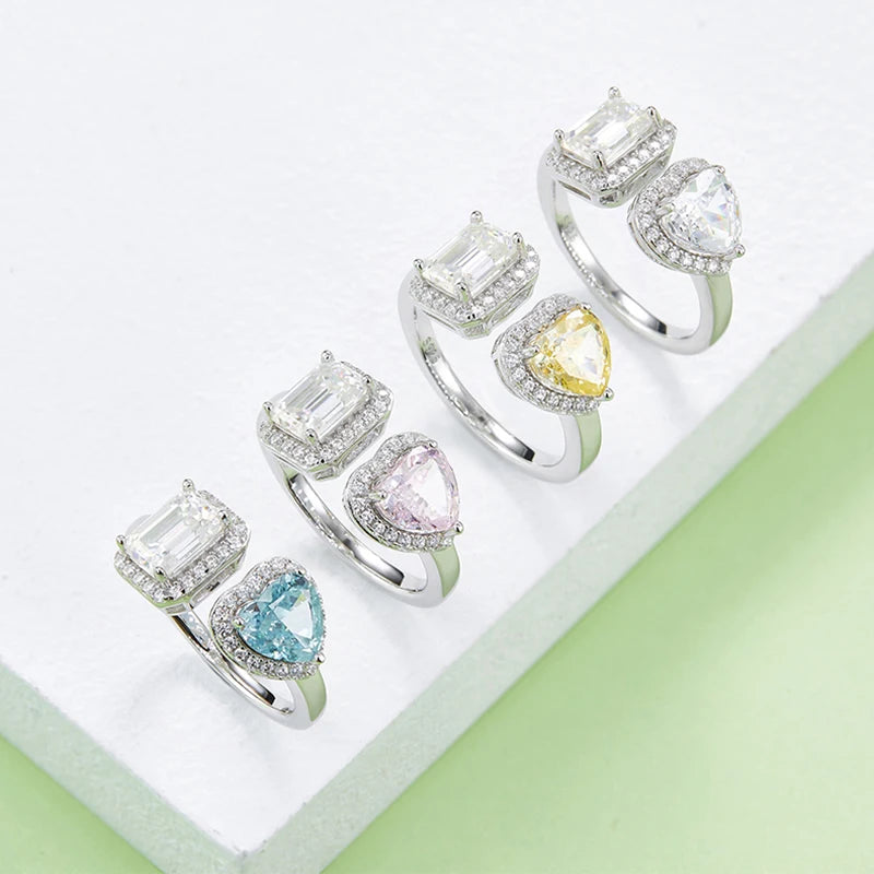 GEM'S BALLET Toi Et Moie Ring Heart High Carbon Diamond Emerald Cut Moissanite Engagement Rings in 925 Sterling Silver