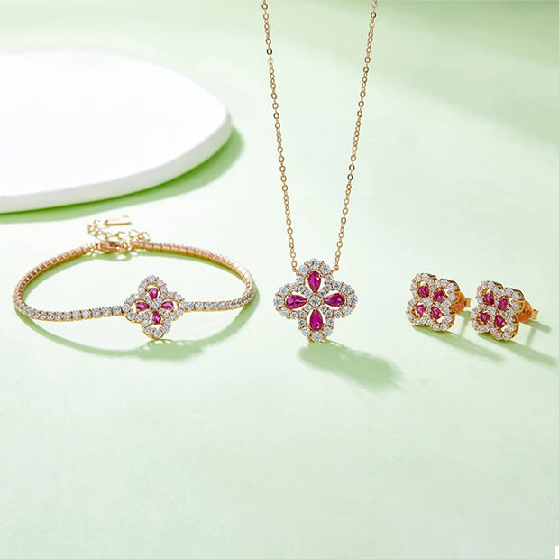 Ruby Jewelry Set – Clover Pendant & Earrings