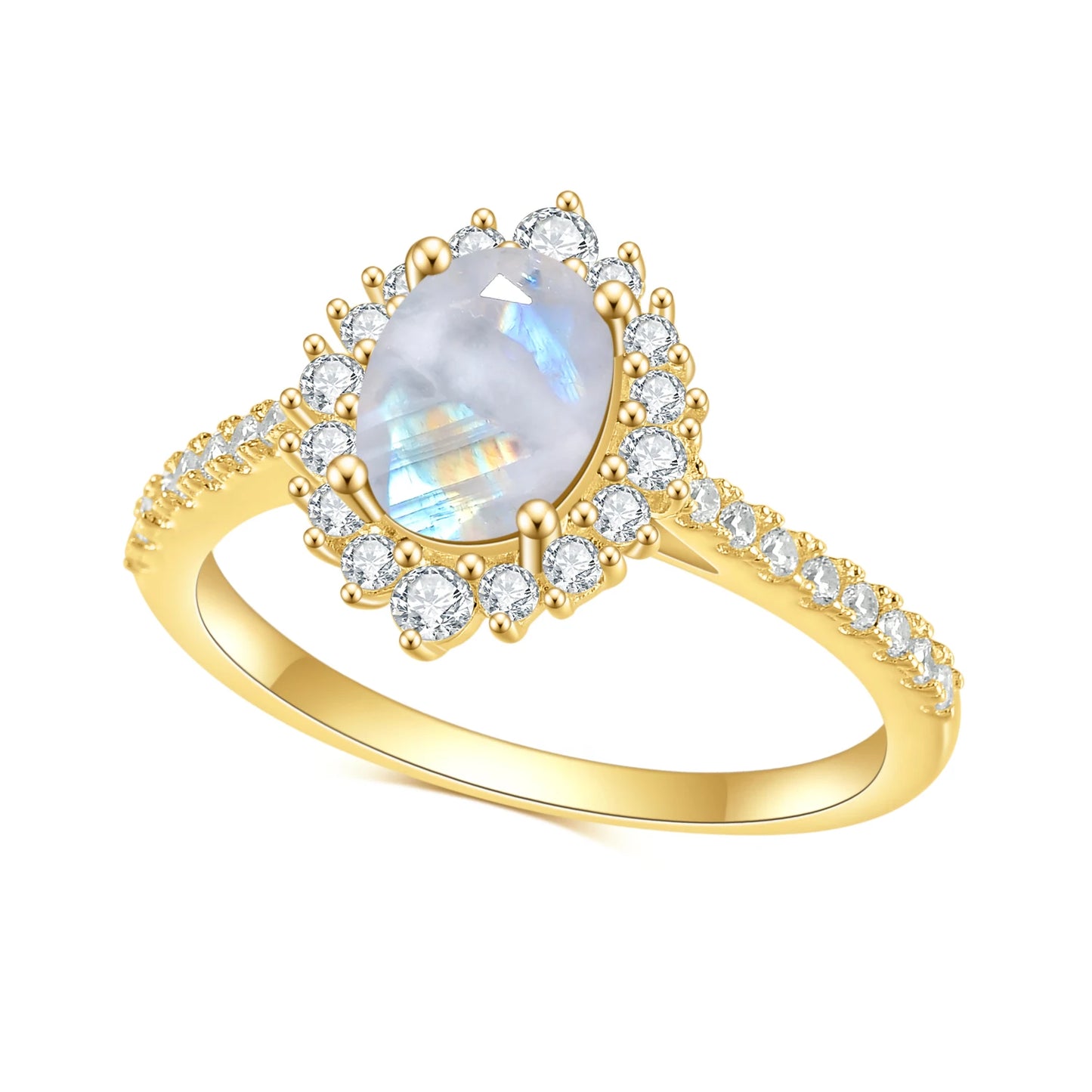 GEM'S BALLET Women's Gold Ring Natural Milky Blue Moonstone Cluster Halo Engagement Rings in 925 Sterling Silver Gift For Her