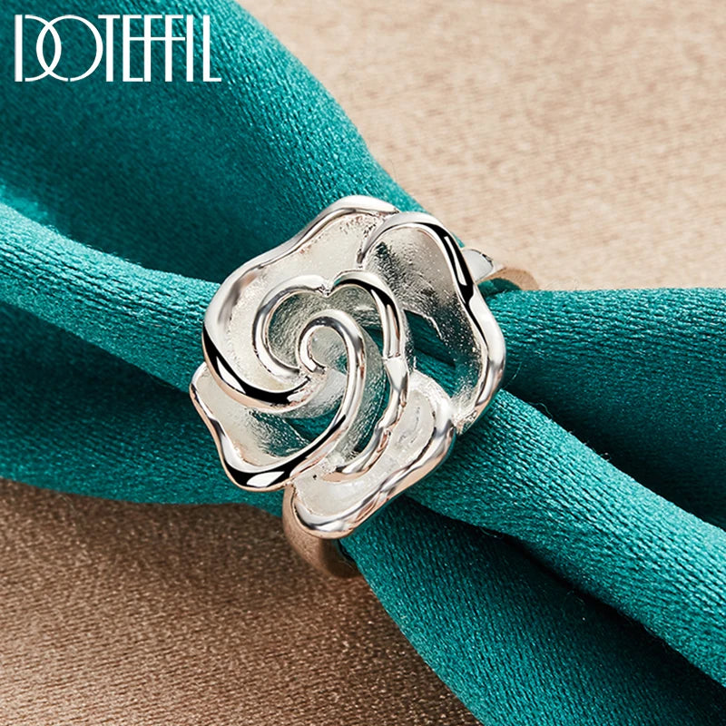 DOTEFFIL 925 Sterling Silver Rose Flower Blossoms Ring For Woman Fashion Wedding Engagement Party Gift Charm Jewelry