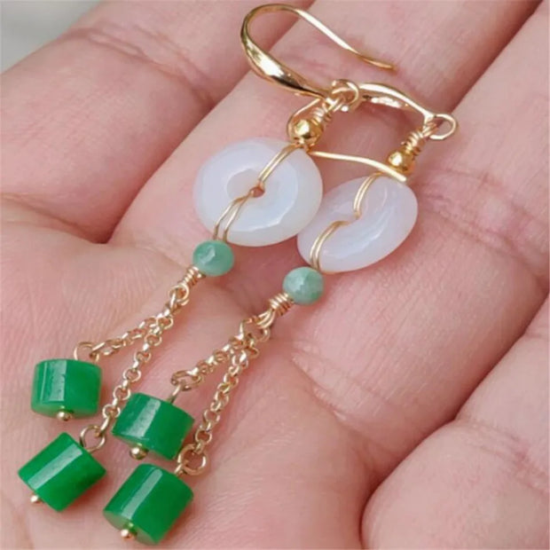 Elegant Natural white green jade Earrings Ping Buckle 18KGP Teens Dangle Beaded Women Gemstone Party Hoop Clip-on Meisje