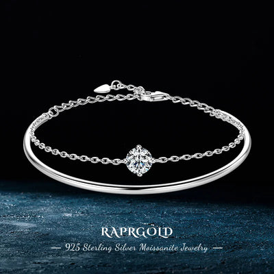 RAPRGOLD 1ct Moissanite Bracelet for Women S925 Sterling Silver Double Chain Adjustable Cuff Bracelets Wristband Wedding Jewelry