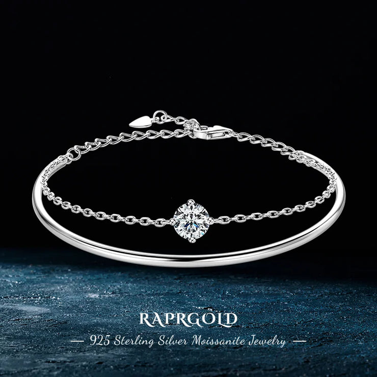 RAPRGOLD 1ct Moissanite Bracelet for Women S925 Sterling Silver Double Chain Adjustable Cuff Bracelets Wristband Wedding Jewelry
