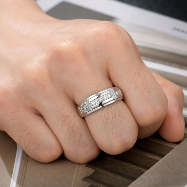 Newshe Elegant Mens Wedding Band 925 Sterling Silver Full Moissanite Rings for Him Half Eternity Round Engagement Ring