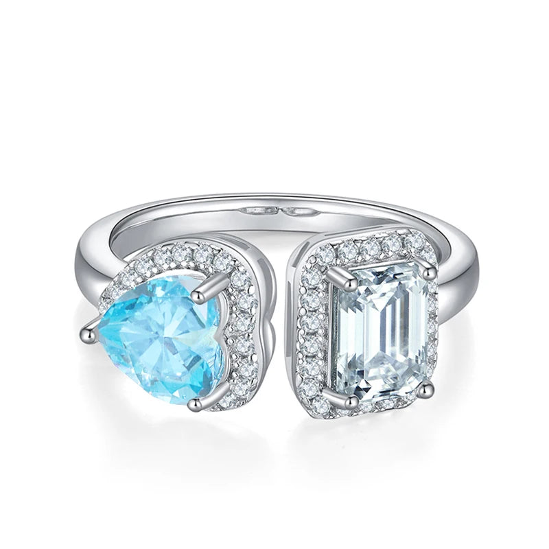 GEM'S BALLET Toi Et Moie Ring Heart High Carbon Diamond Emerald Cut Moissanite Engagement Rings in 925 Sterling Silver