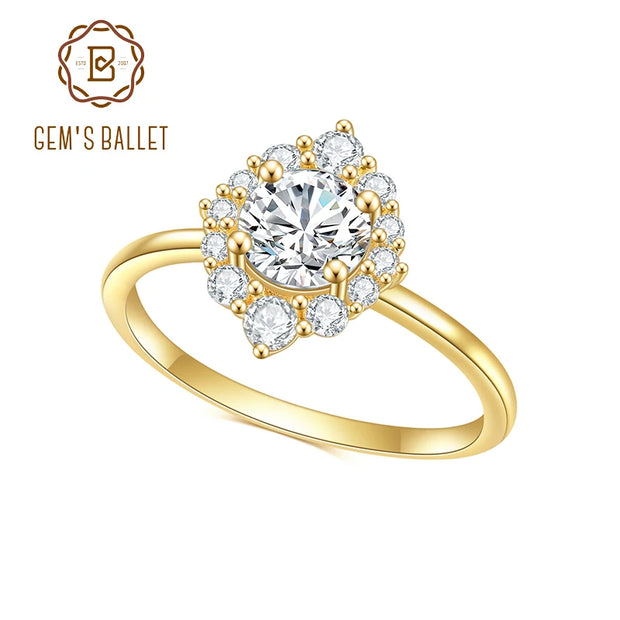 GEM'S BALLET 925 Sterling Silver 0.8Ct Emerald Cut Colorless Dahlia Moissanite Halo Engagement Rings For Women Wedding