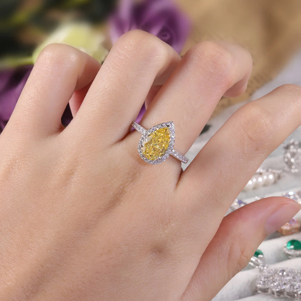 GEM'S BALLET Pear Shape Diamond-fire CZ Fancy Light Yellow Halo Engagement Ring – A Stunning Statement Piece