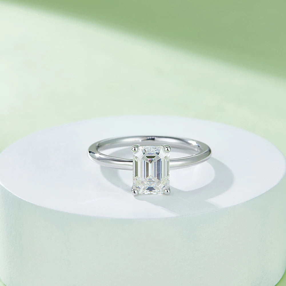 Emerald Cut Moissanite Ring in 925 Sterling Silver with 18K White Gold Plated