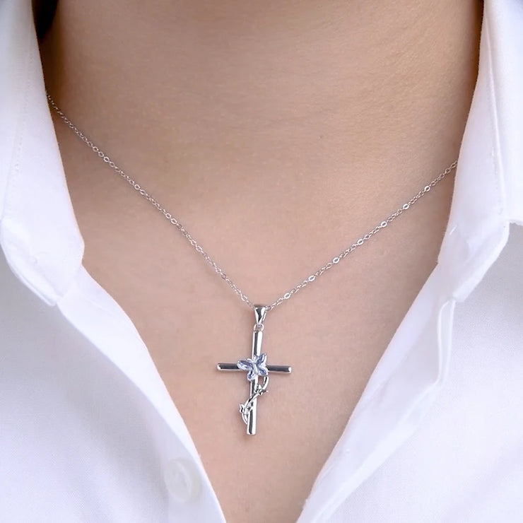 RAPRGOLD 925 Sterling Silver Butterfly Cross Necklace Marquise Cut Blue Cubic Zirconia Pendant Necklaces Fashion Jewelry Gifts