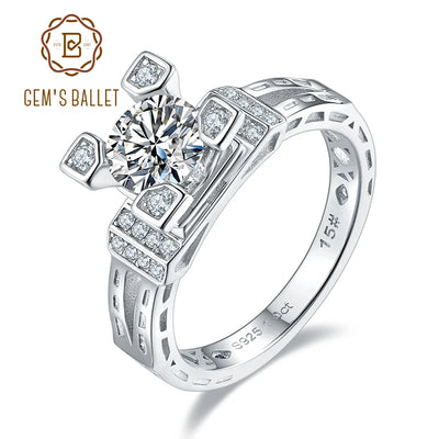 GEM'S BALLET 925 Sterling Silver Moissanite Ring 1ct Round & Baguette Moissanite Engagement Ring Setting For Women Wedding