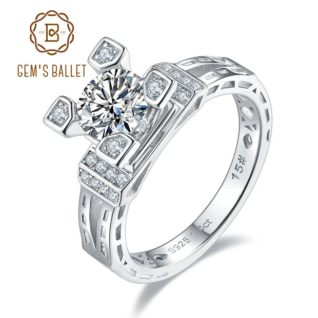 GEM'S BALLET 925 Sterling Silver Moissanite Ring 1ct Round & Baguette Moissanite Engagement Ring Setting For Women Wedding