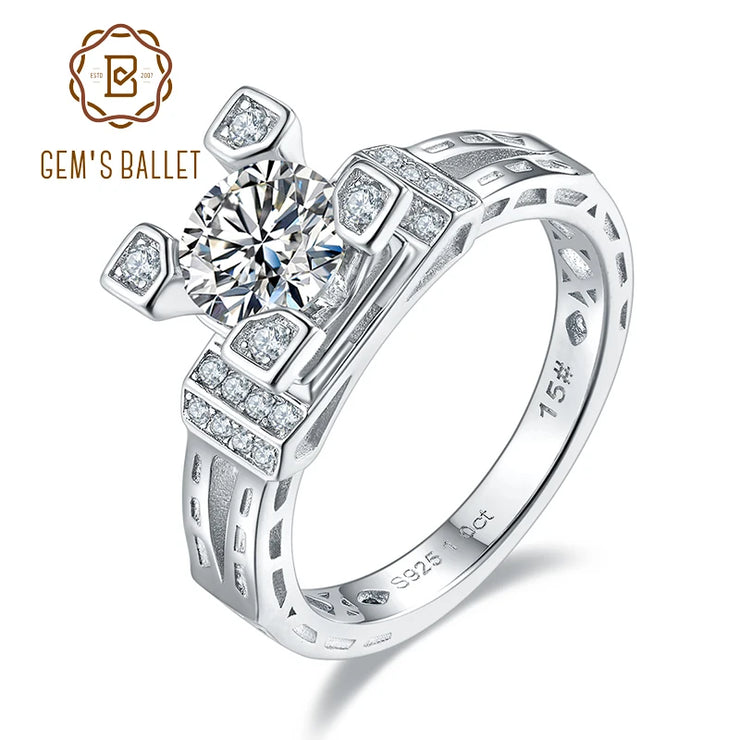 GEM'S BALLET 925 Sterling Silver Moissanite Ring 1ct Round & Baguette Moissanite Engagement Ring Setting For Women Wedding