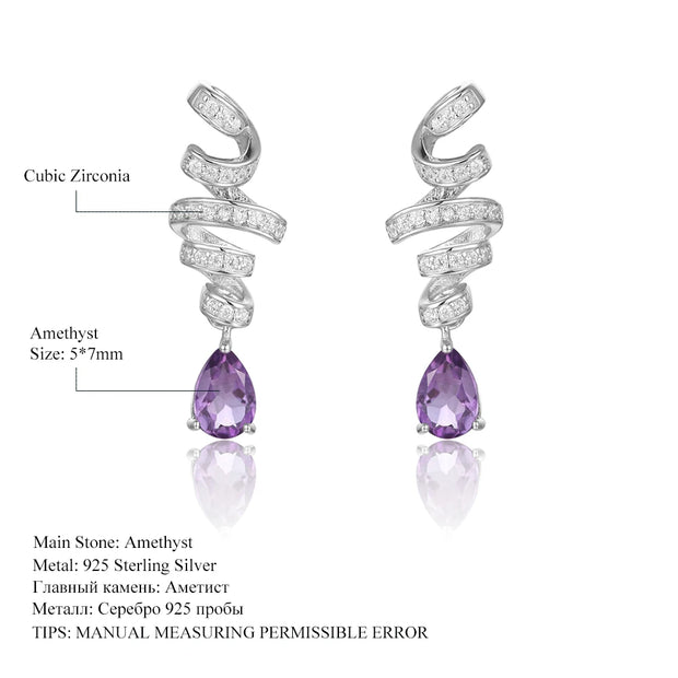 GEM'S BALLET Ribbon Swirl Earrings 5x7mm Pear Shape Natural Amethyst Gemstone Drop Earrings in 925 Stering SIlver Gift For Her