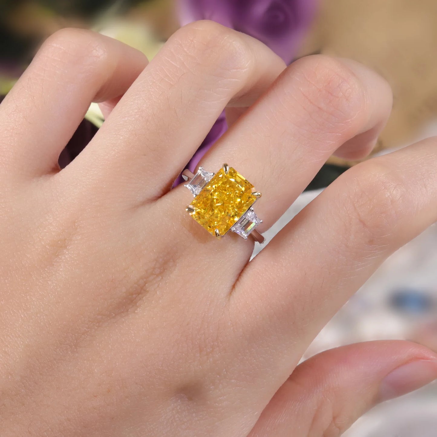 GEM'S BALLET 925 Sterling Silver Handmade Cocktail Ring Diamond-fire CZ- Fancy Vivid Yellow Gemstone Engagement Rings