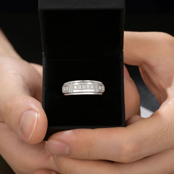 Newshe Elegant Mens Wedding Band 925 Sterling Silver Full Moissanite Rings for Him Half Eternity Round Engagement Ring