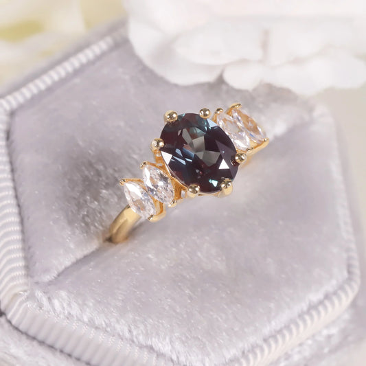 14K Yellow Gold Plated 925 Sterling Silver Oval Cut Color Changing Lab Alexandrite Ring