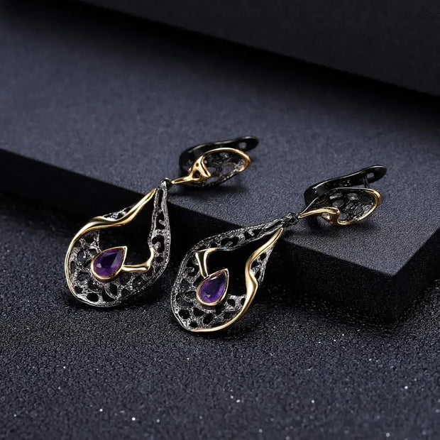GEM'S BALLET 925 Sterling Silver Gemstones Fine Jewelry 0.76Ct Natural Amethyst Handmade Hollow Element Drop Earrings for Women