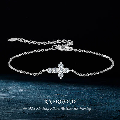 RAPRGOLD Round Cut  Moissanite Bracelet for Women 925 Sterling Silver Cross Charm Bracelets Chain Wedding Fine Jewelry pulseras