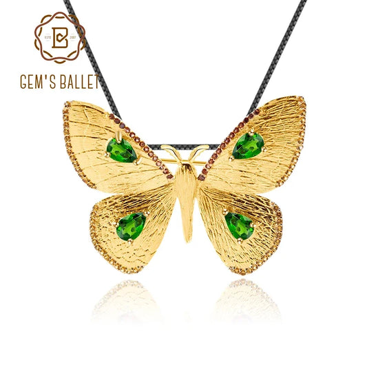 GEM'S BALLET Women Brooch Pendant Gold Plated 925Sterling Silver Natural Chrome Chrome Diopside Butterfly Fashion Trends Jewelry