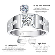 Newshe Mens Moissanite Wedding Ring Engagement Solitaire Simulated Diamond 925 Sterling Silver Accent Band D Color VVS1 Clarity