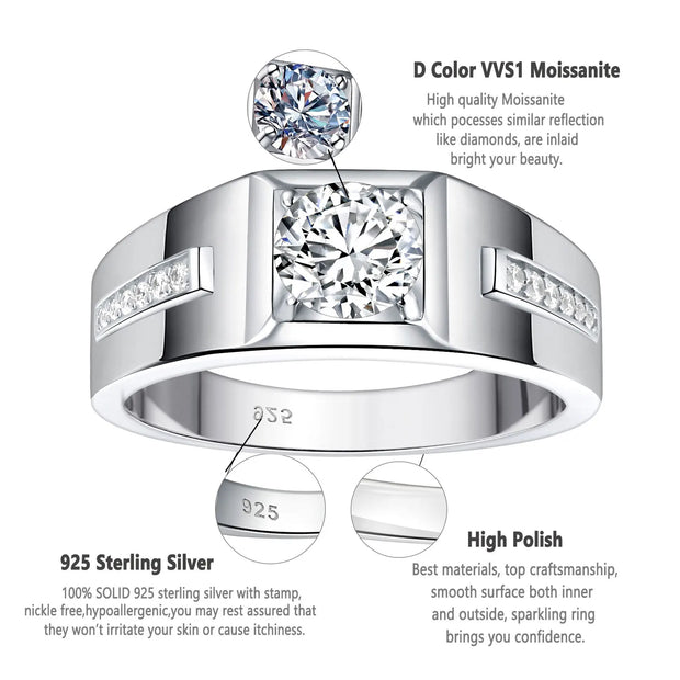 Newshe Mens Moissanite Wedding Ring Engagement Solitaire Simulated Diamond 925 Sterling Silver Accent Band D Color VVS1 Clarity