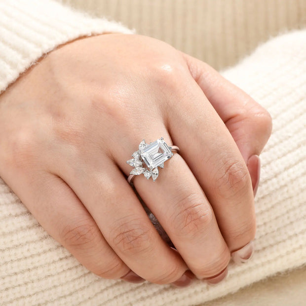 Newshe 925 Sterling Silver East To West Ring Emerald Cut Solitaire Wedding Engagement Rings for Women 5A Cubic Zirconia Jewelry