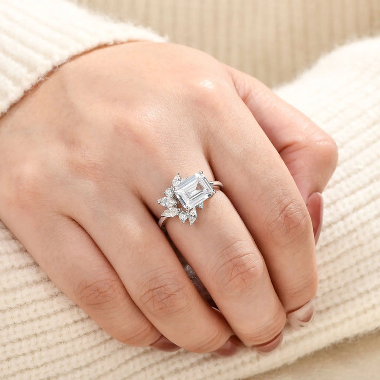 Newshe 925 Sterling Silver East To West Ring Emerald Cut Solitaire Wedding Engagement Rings for Women 5A Cubic Zirconia Jewelry