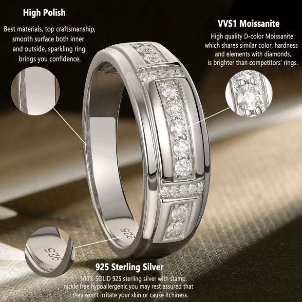 Newshe Elegant Mens Wedding Band 925 Sterling Silver Full Moissanite Rings for Him Half Eternity Round Engagement Ring